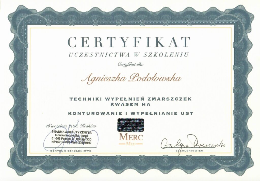 certyfikaty dr Agnieszka Podołowska